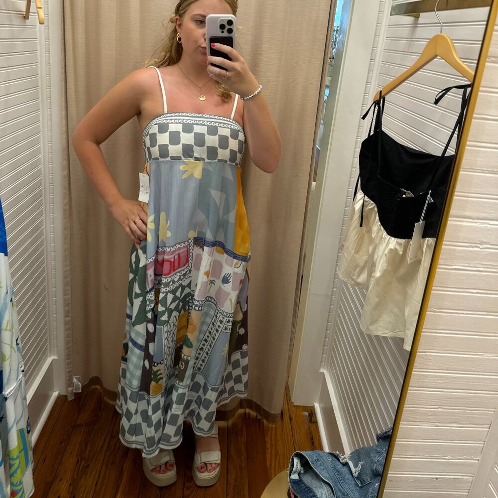 Summer Patchwork Midi Dress with Mixed Geometric and Illustrated Motifs